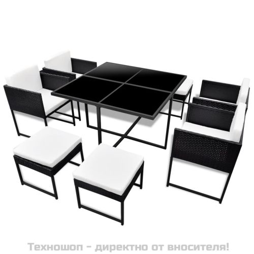 Градински комплект с възглавници, 9 части, черен полиратан