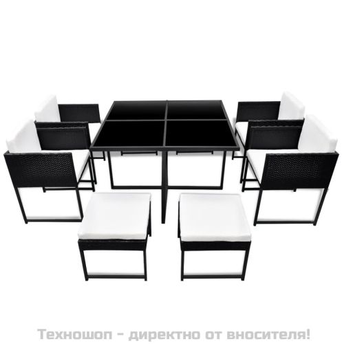 Градински комплект с възглавници, 9 части, черен полиратан