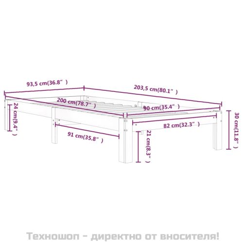 Рамка за легло, бяла, бор масив, 90х200 см