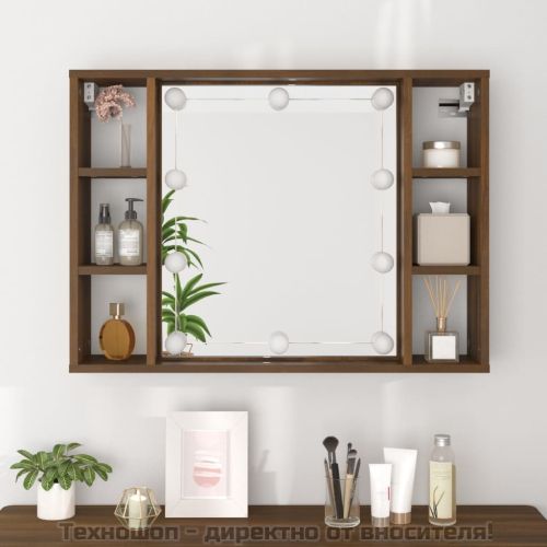 Огледален шкаф с LED, кафяв дъб, 76x15x55 см