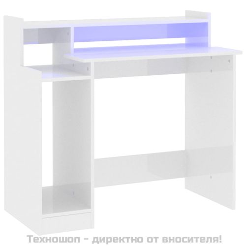 Бюро с LED осветление, бял гланц, 97x45x90 см, инженерно дърво