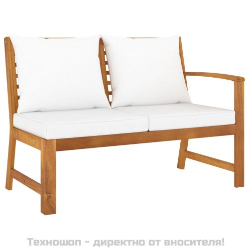 Градинска пейка 114,5 см с кремава възглавница, акация масив