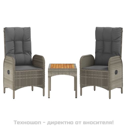 Градински лаундж комплект с възглавници 3 части сив полиратан