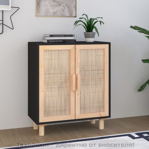 Сайдборд, черен, 60x30x70 см, бор масив и естествен ратан