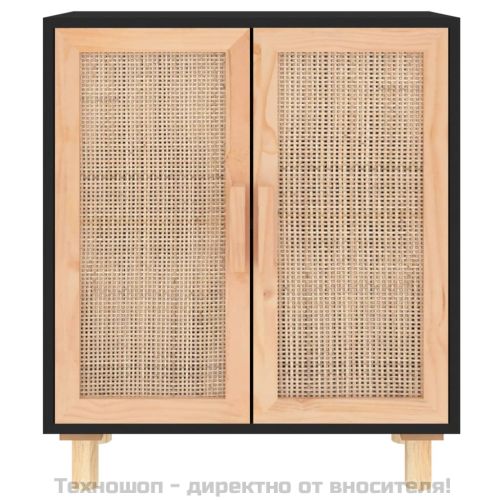 Сайдборд, черен, 60x30x70 см, бор масив и естествен ратан