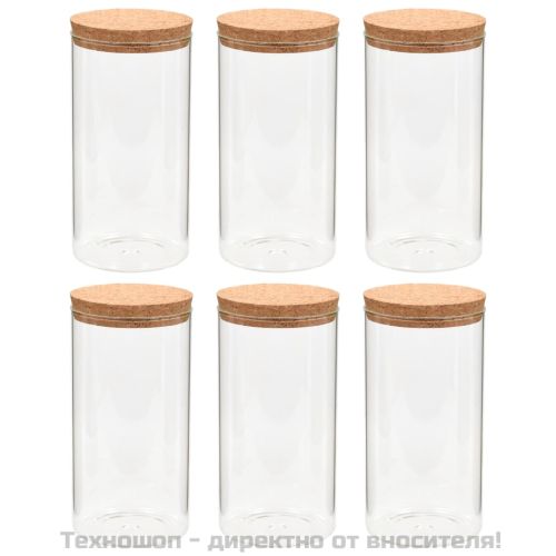 Стъклени буркани за съхранение с коркови капаци, 6 бр, 1100 мл