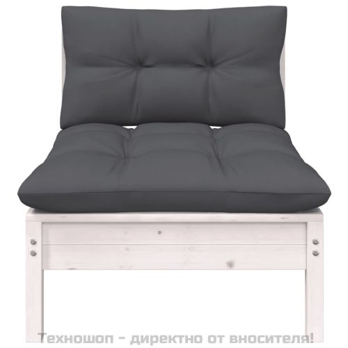 Градински среден диван с възглавници, бял, бор масив