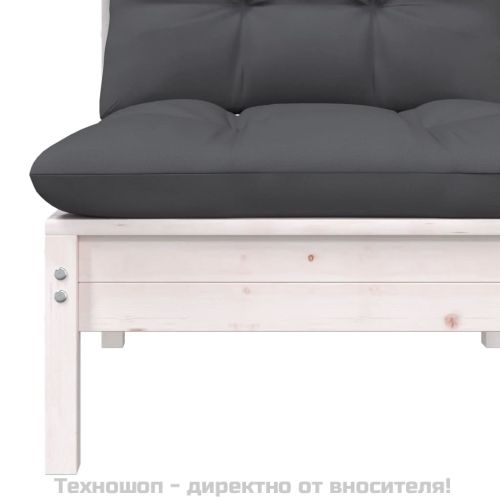 Градински среден диван с възглавници, бял, бор масив