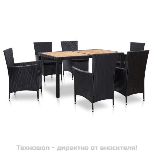 Градински комплект с възглавници, 7 части, полиратан, черен