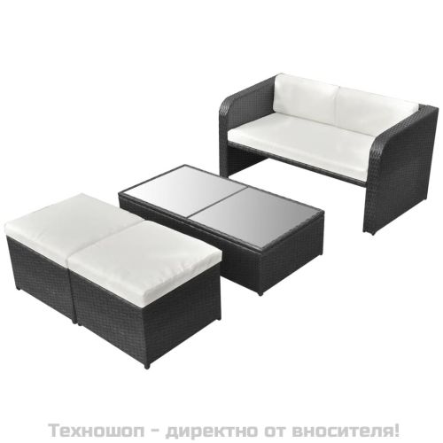 Градински комплект с възглавници, 4 части, черен полиратан