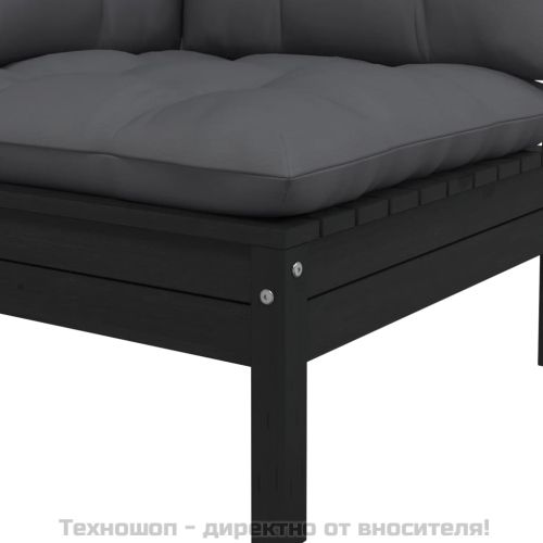 Градински ъглов диван с възглавници, черен, бор масив