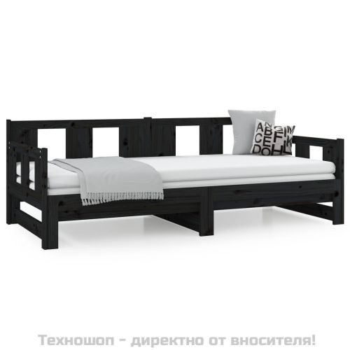 Разтегателна кушетка, черна, борово дърво масив, 2x(80x200) см