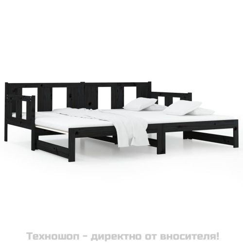 Разтегателна кушетка, черна, борово дърво масив, 2x(80x200) см