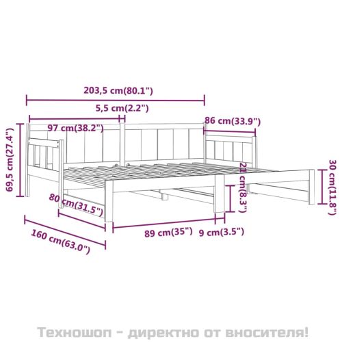 Разтегателна кушетка, черна, борово дърво масив, 2x(80x200) см