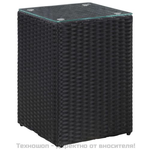 Странични маси, 3 бр, със стъклен плот, черни, полиратан