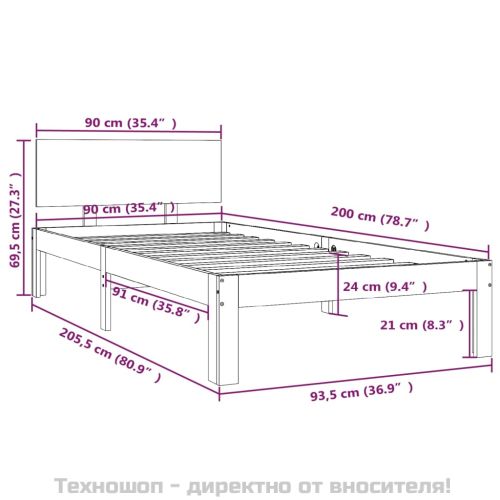 Рамка за легло, черна, борово дърво масив, 90х200 см