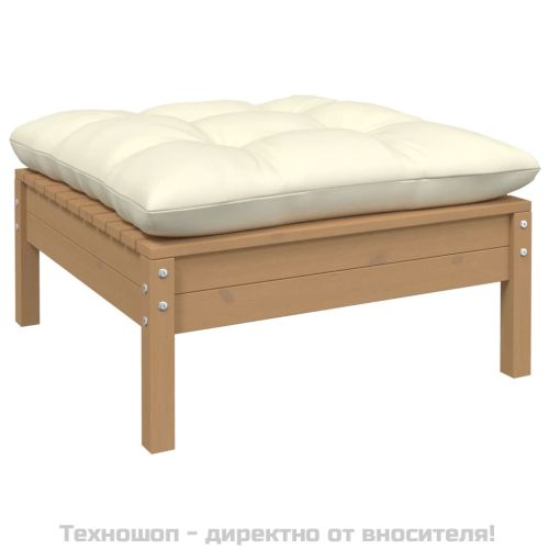 2-местен градински диван с кремави възглавници, бор масив