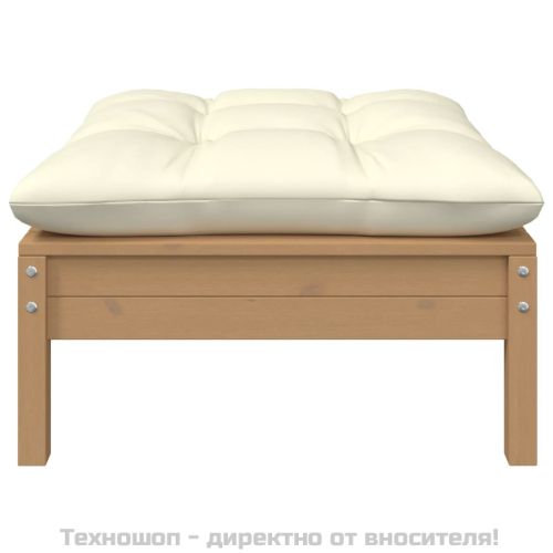 2-местен градински диван с кремави възглавници, бор масив