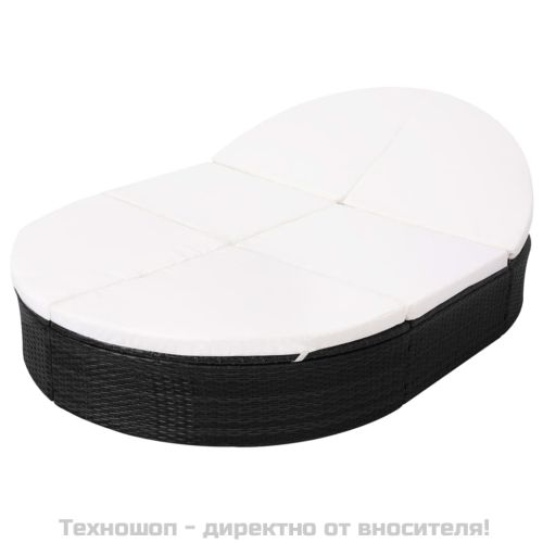 Градинско лаундж легло с възглавница, полиратан, черно