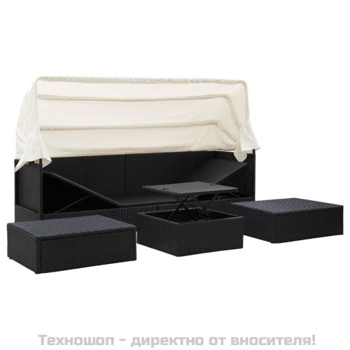 Градинско лаундж легло със сенник черен полиратан