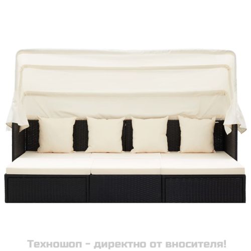 Градинско лаундж легло със сенник черен полиратан