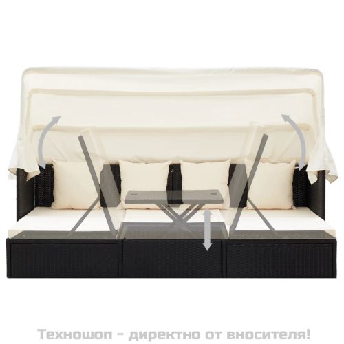 Градинско лаундж легло със сенник черен полиратан