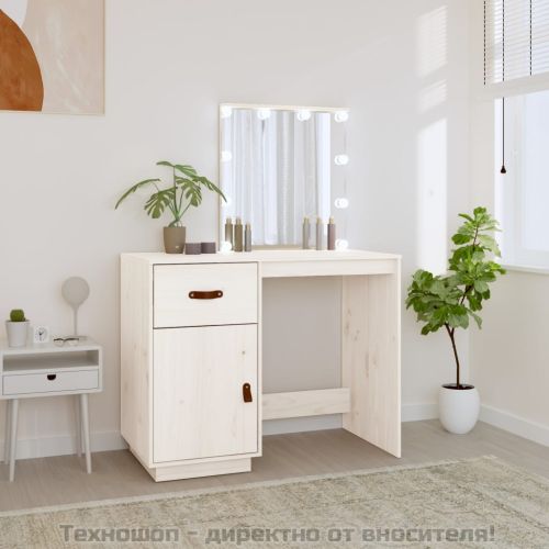 Тоалетка с LED, бели, 95x50x133,5 см, борово дърво масив