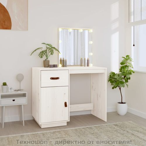 Тоалетка с LED, бели, 95x50x133,5 см, борово дърво масив