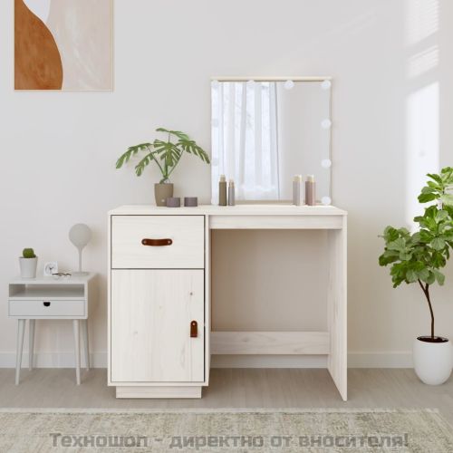 Тоалетка с LED, бели, 95x50x133,5 см, борово дърво масив