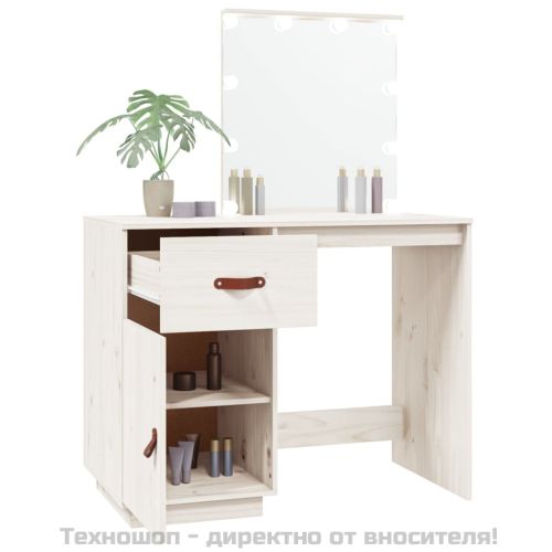 Тоалетка с LED, бели, 95x50x133,5 см, борово дърво масив
