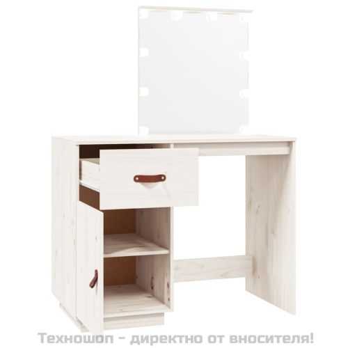 Тоалетка с LED, бели, 95x50x133,5 см, борово дърво масив