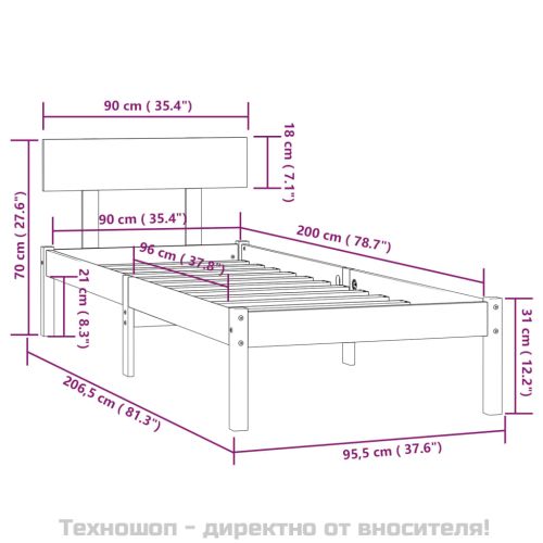 Рамка за легло, черна, бор масив, 90x200 cм