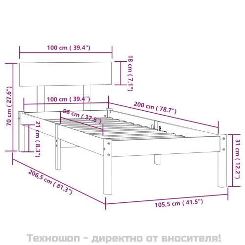 Рамка за легло, сива, бор масив, 100х200 см