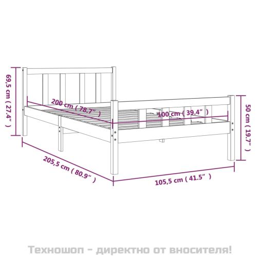 Рамка за легло, сива, масивно дърво, 100х200 см