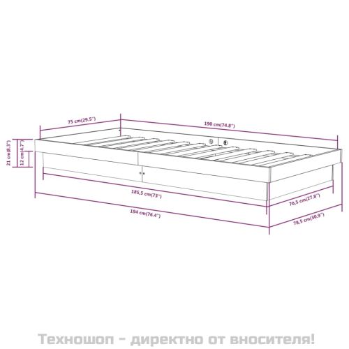 Рамка за легло, сива, дърво масив, 75x190 см, Small Single