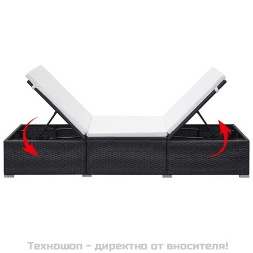 Шезлонг с шалте, черен полиратан