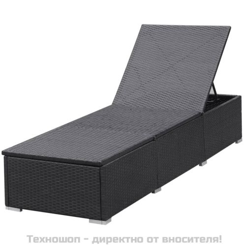 Шезлонг с шалте, черен полиратан