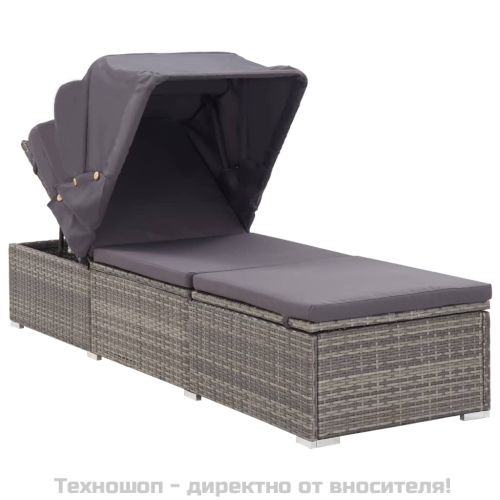 Шезлонг с шалте и навес, полиратан, сив