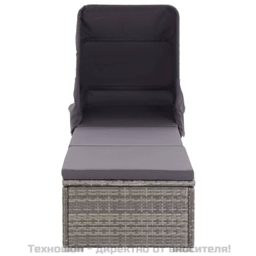 Шезлонг с шалте и навес, полиратан, сив