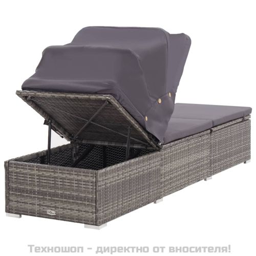 Шезлонг с шалте и навес, полиратан, сив