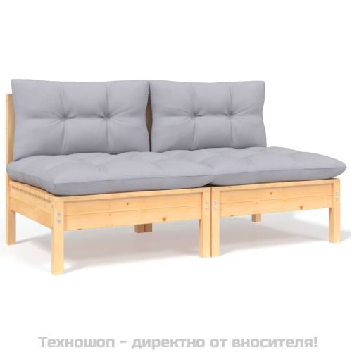 2-местен градински диван със сиви възглавници, бор масив