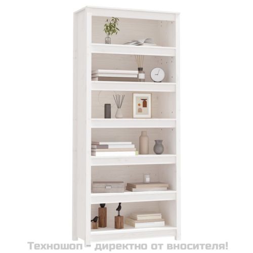 Библиотека, бяла, 80x35x183 см, борово дърво масив