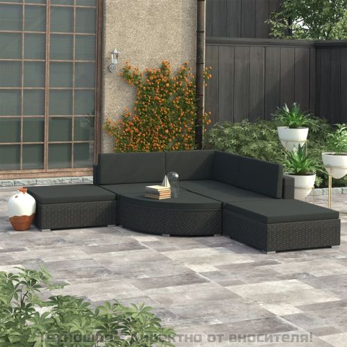 Градински комплект с възглавници, 6 части, черен полиратан