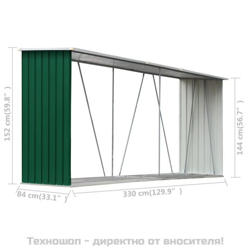 Навес за дърва, поцинкована стомана, 330x84x152 см, зелен