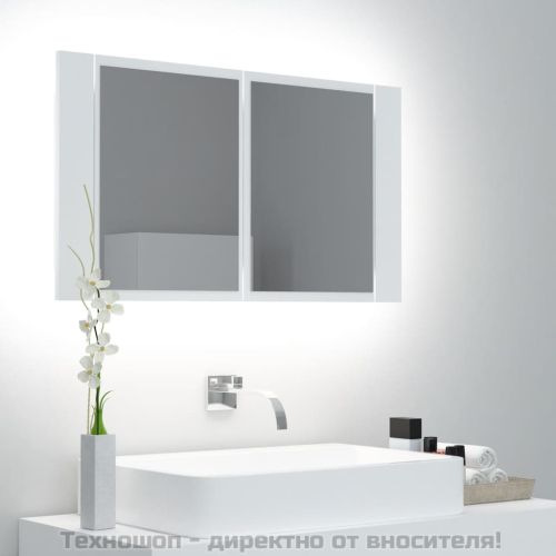 Шкаф с LED огледало за баня, бял, 80x12x45 см, акрил