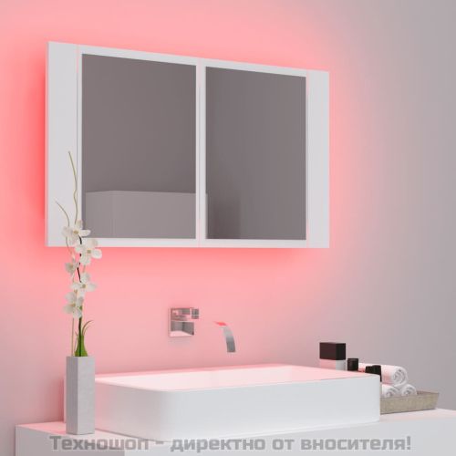 Шкаф с LED огледало за баня, бял, 80x12x45 см, акрил