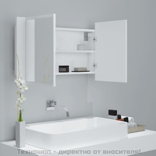 Шкаф с LED огледало за баня, бял, 80x12x45 см, акрил