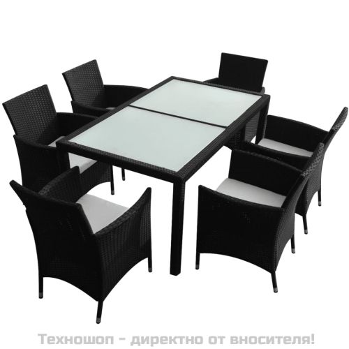 Градински комплект с възглавници, 7 части, черен полиратан