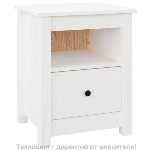 Нощно шкафче, бяло, 40x35x49 см, борово дърво масив