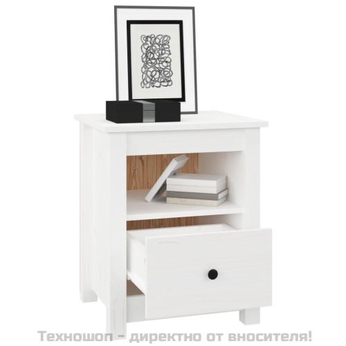 Нощно шкафче, бяло, 40x35x49 см, борово дърво масив